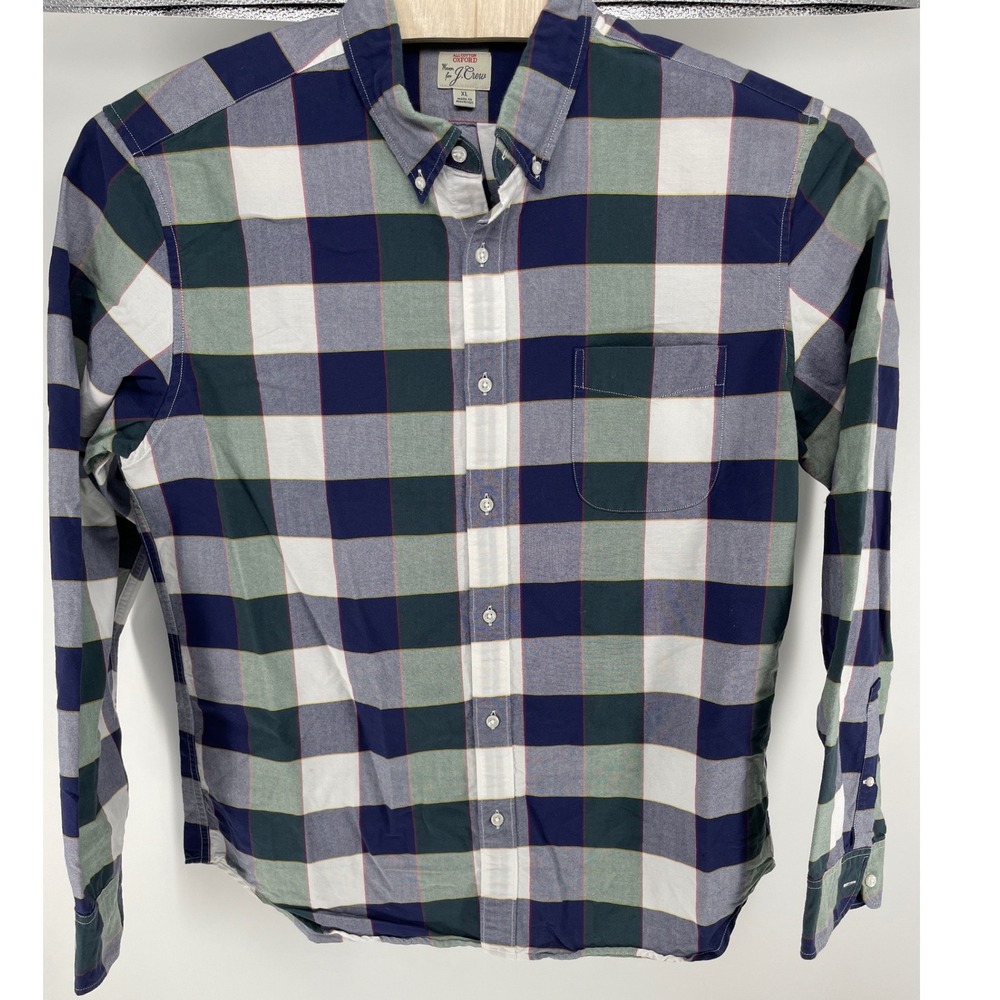 J.Crew Oxford Shirt Men XL Navy Green White Excellent Slim Fit Plaid Button Down